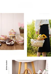 Detail of hand-woven wicker picnic basket with red plaid lining and lace trim