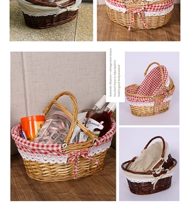 Detail of hand-woven wicker picnic basket with red plaid lining and white lace bow decoration