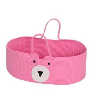 Culla portatile in corda di cotone rosa con faccia di orsetto e maniglie resistenti