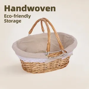 Handmade Wicker Picnic Basket With Removable Floral Lining Double Handles Portable Woven Storage Basket For Camping Home Decor