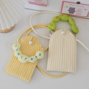 Handmade Cotton Woven Mini Mobile Phone Crossbody Bag For Women Summer Holiday Artificial Pearl Buckle Beaded Handle Sweet Shoulder Bag