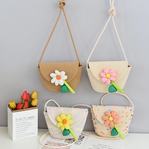 Mini hand-woven floral shoulder bags for women and girls in four stylish summer beach colors