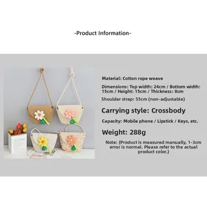 Detailed view of handmade woven cotton crossbody bags with floral pattern for summer