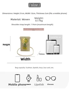 Size chart showing woven bag dimensions 21x12x2cm with smartphone capacity guide