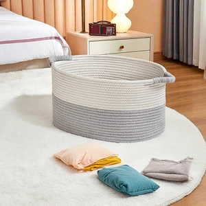 Close-up of woven cotton rope storage basket with dual-tone design and sturdy handles