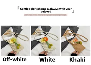 Detailed macro view of handmade crochet flower phone bags in off-white, white and khaki colors
