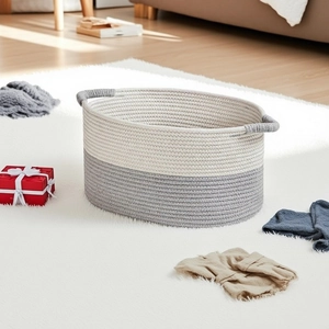 Detail showing high-quality dual-tone woven cotton rope basket with integrated handles