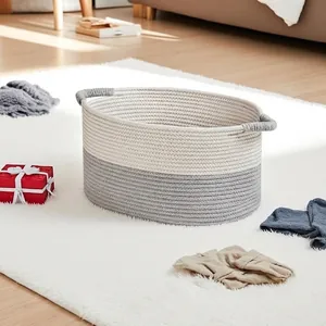 Modern Cotton Rope Woven Storage Basket Large Two-Tone Laundry Bin With Handles For Toys Clothes Home Organization Grey White