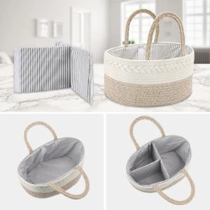 Close-up of cotton rope diaper caddy with striped lining and adjustable dividers