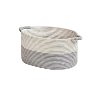 Large cotton rope woven storage basket in white and grey with side handles