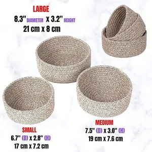 Size specifications for a set of three woven cotton rope storage baskets in varied dimensions
