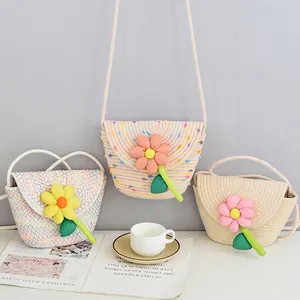 Summer Woven Cotton Flower Crossbody Bag For Women Kids Beach Mini Shoulder Handbag Casual Crochet Shell Purse Gift