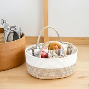Close-up of cotton rope diaper bag with two-tone weave and interior fabric dividers