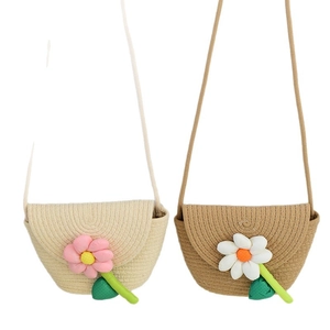 Mini straw crossbody bag for kids featuring floral 3D decor in cream and brown