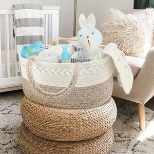 Detail of cotton rope baby diaper caddy showing spacious capacity for nursery essentials