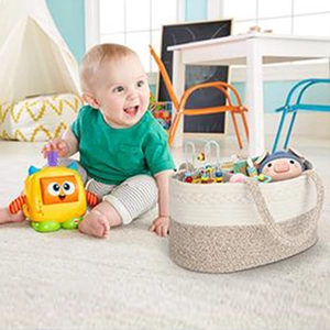Cotton rope diaper basket with handles used for organizing baby toys and nursery items