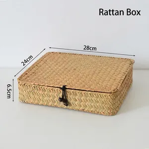 Detail view of a woven storage box showing 28x24x6.5cm dimensions and a wood button closure
