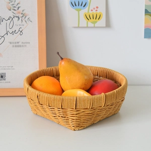 Close-up of woven rattan fruit basket with tight texture and handcrafted details