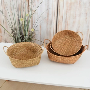 Set of 3 natural seagrass woven storage baskets with handles for home organization