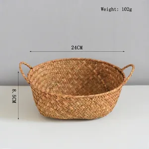 Detail view of woven seagrass basket showing 24cm diameter and 8.5cm height dimensions