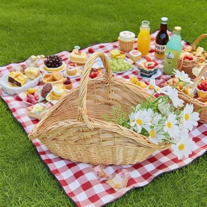 Detail of hand-woven wicker picnic basket on red checkered mat in outdoor setting