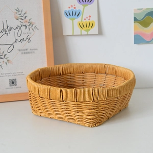 Detail shot of rectangular woven storage basket with high-quality imitation rattan texture