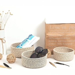 Three-piece set of Japanese cotton rope storage baskets in beige and grey weave textures