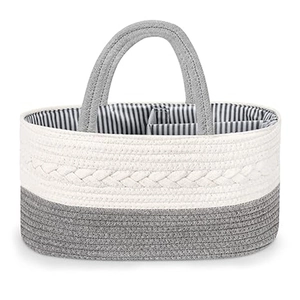 Cotton rope diaper caddy organizer with white and gray weave and striped lining