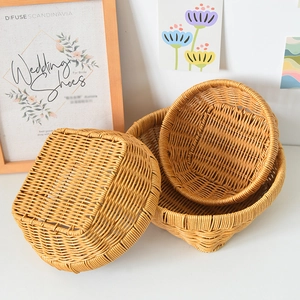 Set of woven rattan-style storage baskets for bread, fruit, and desktop organization