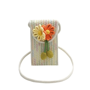 Handwoven straw phone crossbody bag with colorful flowers and rainbow wave stitching