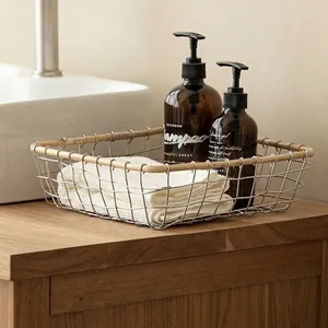 Modern Minimalist Iron Wire Storage Basket Wood Trim Rectangular Round Fruit Vegetable Organizer Kitchen Living Room Decor
