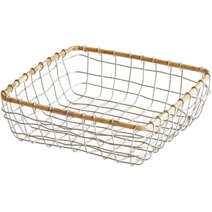 Silver rectangular metal wire storage basket with natural wood rim for home organization