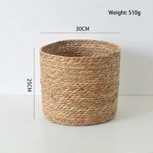 Detailed size view of round woven straw basket, dimensions 30cm wide and 25cm high