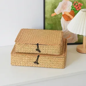 Handmade Woven Seagrass Storage Box With Lid Vintage Desktop Organizer Basket Pastoral Style Natural Plant Fiber Sundry Container Home Decor