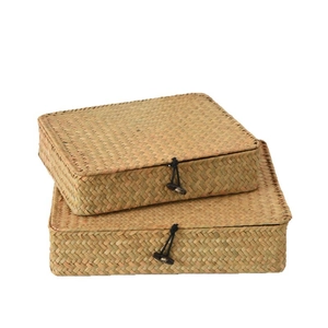 Handwoven seagrass storage boxes set of 2 with lids and vintage toggle closures
