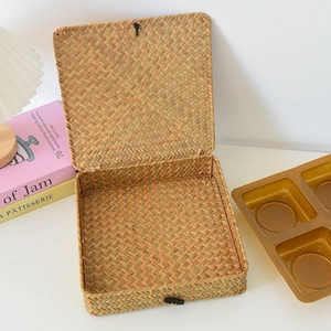 Handgeflochtene Stroh-Geschenkbox mit 4-facher Einlage für Mondkuchen oder Teeverpackung