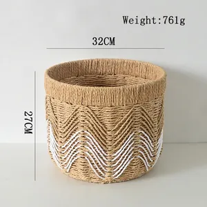 Detail view of woven storage basket with 32cm diameter and 27cm height measurements