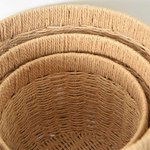 Detail of woven nesting baskets showing natural paper rope texture and craftsmanship