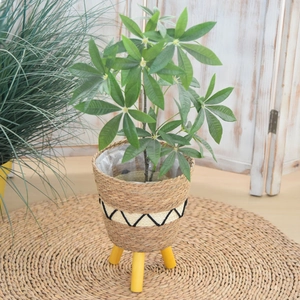 Detail of woven straw plant basket with geometric patterns and yellow tripod wooden legs
