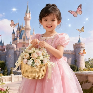 Detalle de cesta de mimbre con asa de perlas y vestido de princesa rosa con copos