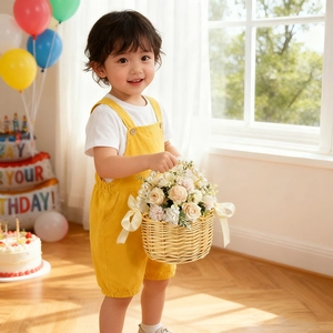 Detalle de peto de algodón amarillo y camiseta blanca en un escenario de fiesta de cumple
