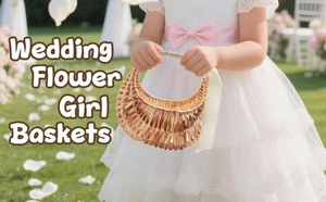 Detail of flower girl carrying a crescent willow basket at an outdoor wedding ceremony