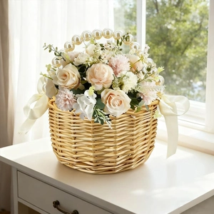 Cesta de Flores de Sauce Tejida a Mano Con Elegante Asa de Perlas Artificiales Y Lazo de Satén Para Boda Decoración del Hogar Regalo