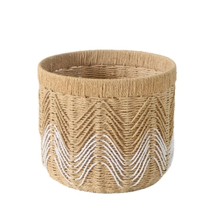 Woven storage basket with natural wood finish and white wave pattern for home organization