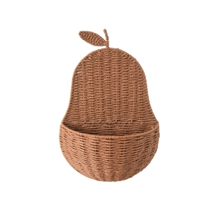 Pear-shaped woven wall hanging storage basket made of natural brown paper rope