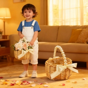 Detalle de cesta de flores tejida a mano con asa de perlas y lazo de cinta de raso crema