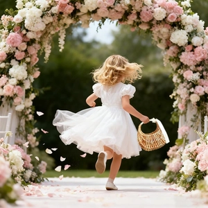 Detail of white tulle flower girl dress with puff sleeves and woven basket by rose gate