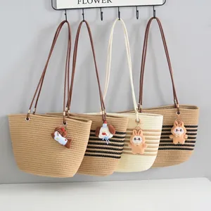 Women Woven Cotton Tote Bag Large Capacity Striped Straw Handbag Casual Beach Vacation Underarm Shoulder Bag With Decorative Charm