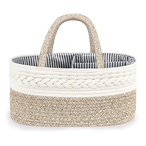 Windeltasche aus Baumwollseil in Beige und Braun mit gestreiftem Innenfutter