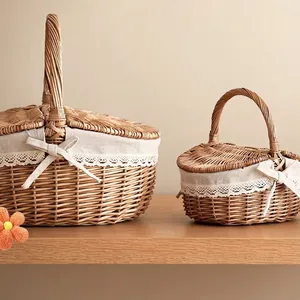 Cesto da Picnic in Salice Intrecciato a Mano Con Doppio Coperchio E Fodera in Cotone E Lino Con Pizzo Cesto Portaoggetti Stile Pastorale Vintage Per Campeggio All'aperto Casa